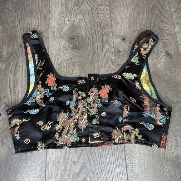Shein Bustier Womens M Black Metalic Satin Chinese Dragons Lace Up Bra Top Tank - Picture 2 of 10